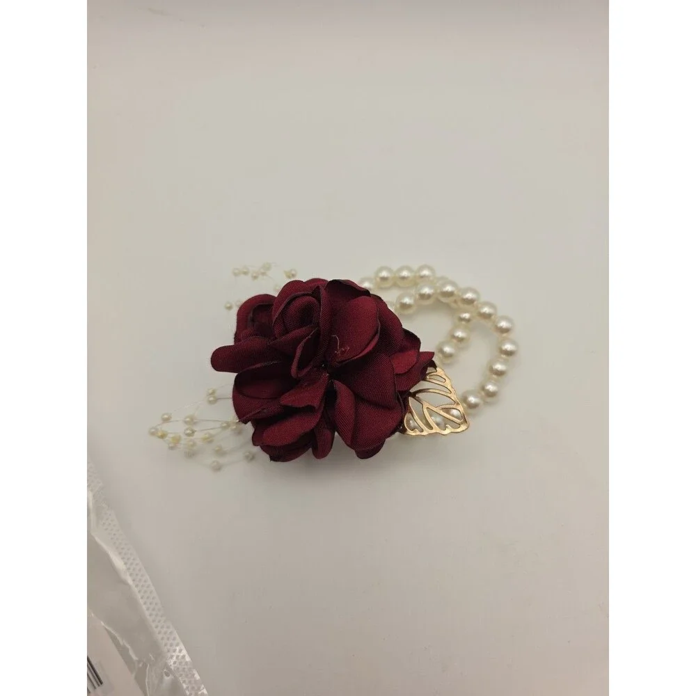 2Pcs Burgundy Rose Corsage and Boutonniere Set, Artificial Wrist Corsage Wristle